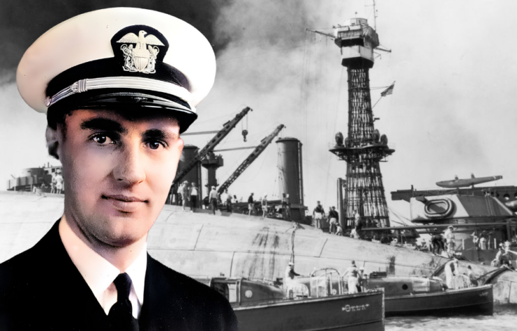 Rescue crews standing atop the capsized USS Oklahoma (BB-37) + Military portrait of Aloysius Schmitt