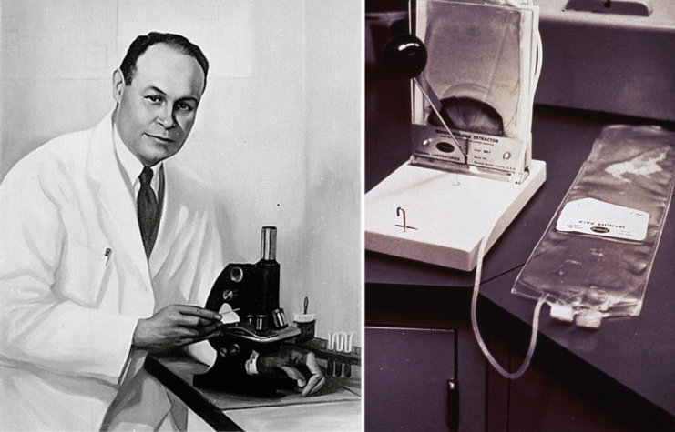 Painting of Charles R. Drew standing with a microscope + Plasma transfer pack and extractor