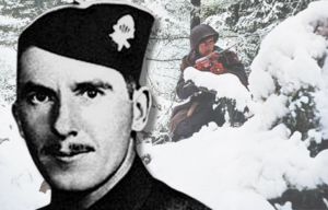 US soldiers walking through the snow + Military portrait of Leonard Funk Jr.