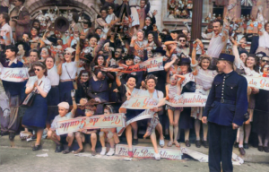 Crowd of French citizens celebrating the liberation of Paris