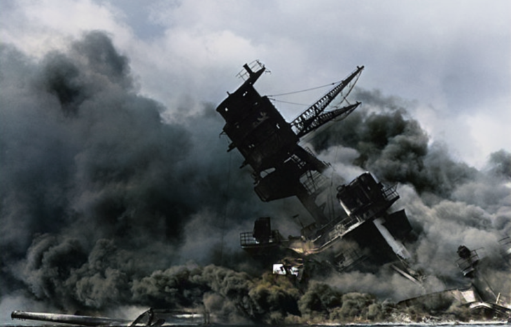 USS Arizona shrouded in smoke