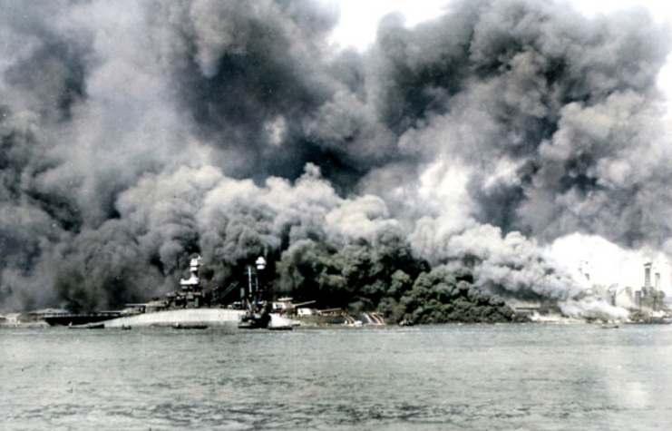 USS Oklahoma shrouded in smoke