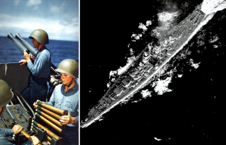 Sailors manning naval guns aboard the USS Alaska (CB-1) + USS Alaska (CB-1) at sea