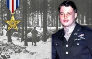 Men standing in the forest during the winter + Silver Star + Lyle Bouck in military uniform