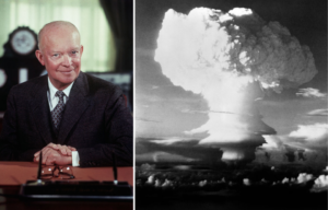 Dwight D. Eisenhower sitting at his desk + Mushroom cloud
