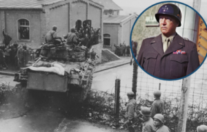 Tank breaking through the gates of a prison camp + Military portrait of George Patton
