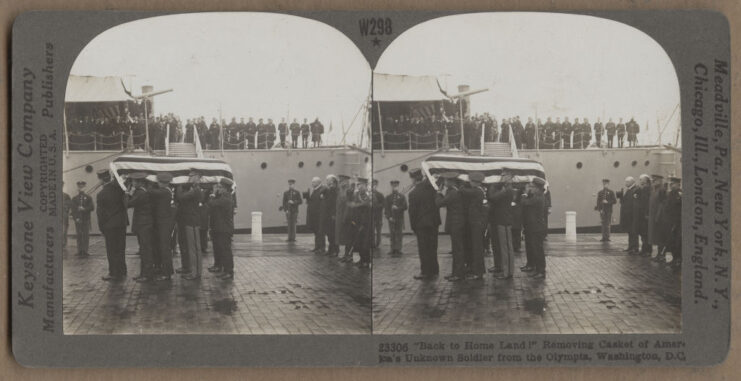 Double image of US Navy sailors carrying an American flag-draped casket across a dock