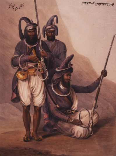Drawing of three Akali-Nihang warriors