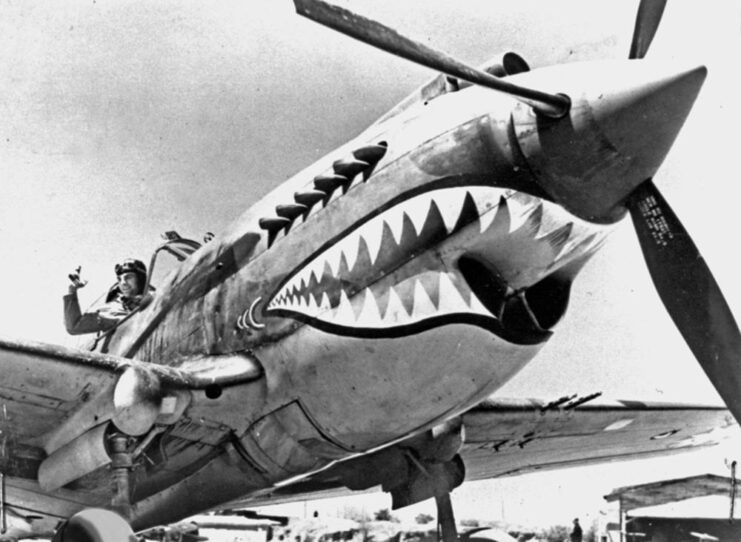 Pilot sitting in the cockpit of a Curtiss P-40 Warhawk