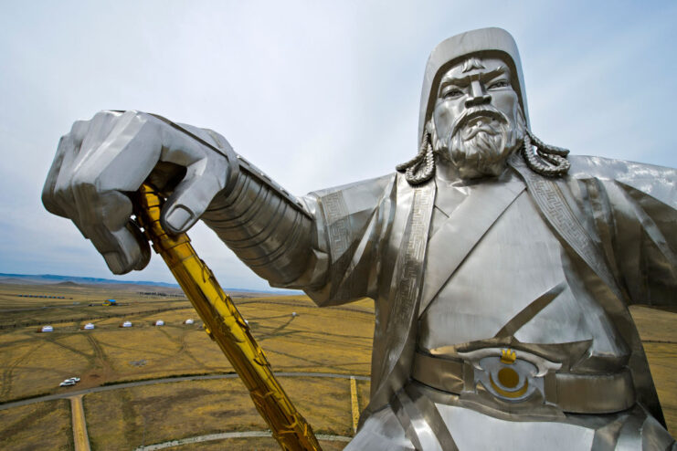 Silver statue of Genghis Khan placed outside