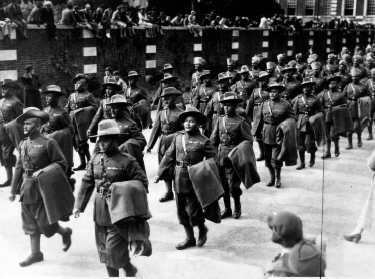 Gurkhas marching together in uniform