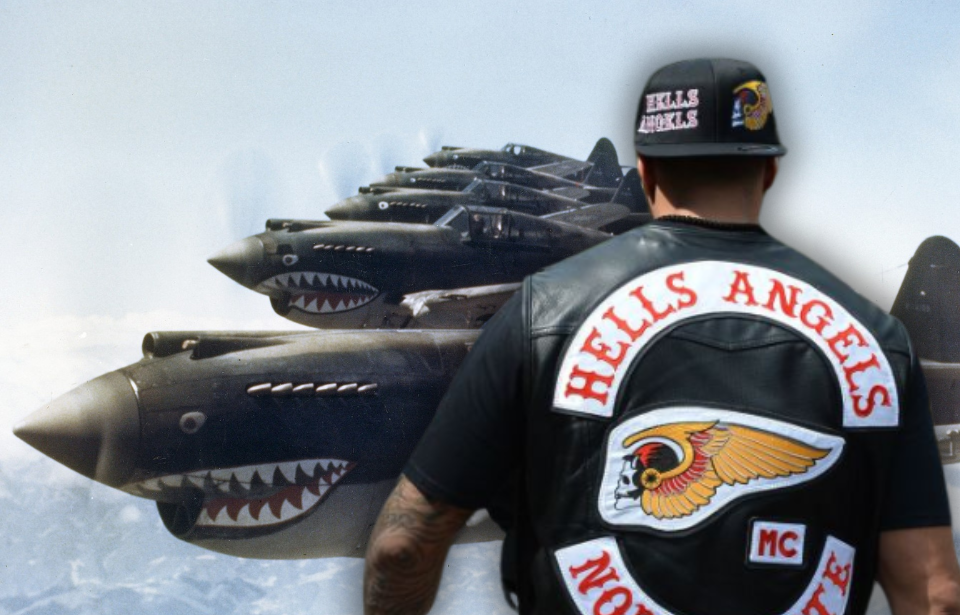 Five Curtiss P-40 Warhawks in flight + Member of the Hells Angels wearing a leather vest