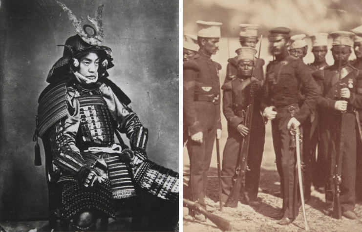 Portrait of a Samurai + Gurkhas standing together outside while in uniform