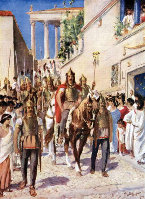 Painting of Alaric I entering Athens on horseback