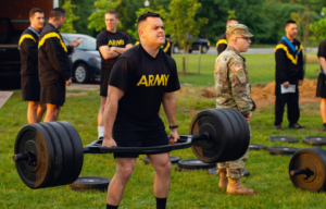 US Army noncommissioned officer lifting weights