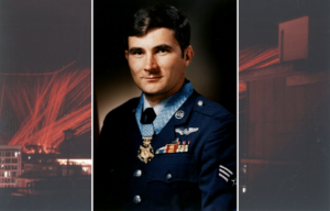 Tracer rounds in the sky at night + Military portrait of John Levitow