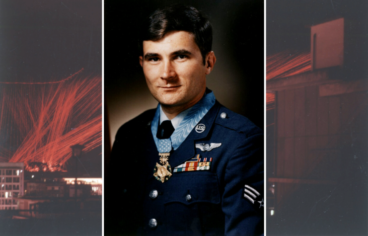 Tracer rounds in the sky at night + Military portrait of John Levitow