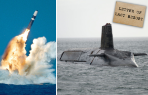 Trident II (D-5) missile being launched from underwater + HMS Vengeance at sea + Brown envelope