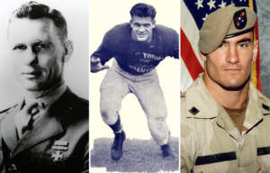 Military portrait of Jack Lummus + Al Blozis dressed in his football uniform + Military portrait of Pat Tillman