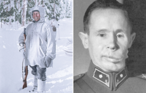 Simo Häyhä with his sniper rifle + Military portrait of Simo Häyhä