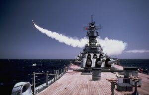 A BGM-109 Tomahawk long-range cruise missile is launched from the battleship USS Missouri (BB-63).