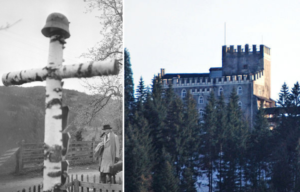 Cross with a helmet placed on top + Exterior of Castle Itter