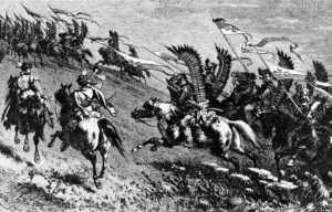 Drawing of the winged hussars during a charge