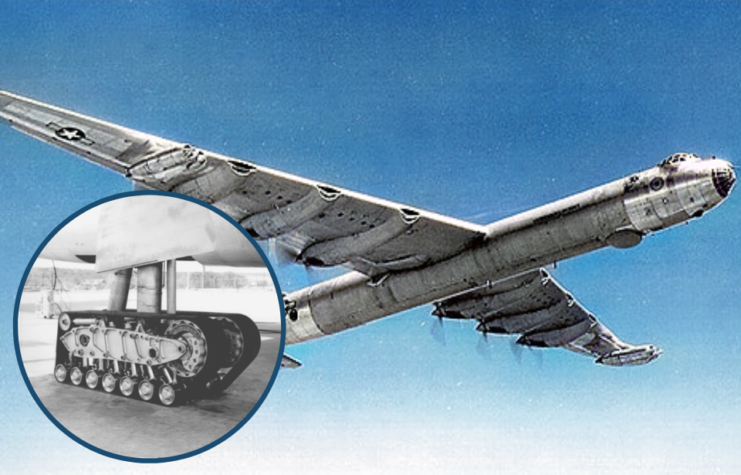 Convair B-36 Peacemaker in flight + Track landing gear installed on the Convair XB-36 Peacemaker