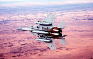 Underside of an F-15 Eagle mid-flight