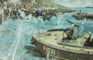 Painting of US Coast Guardsmen firing weapons from a boat