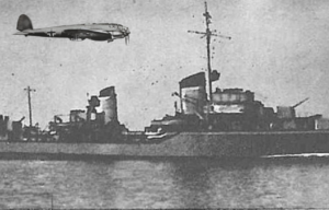 German destroyer Z1 Leberecht Maass at sea + Heinkel He 111 in flight