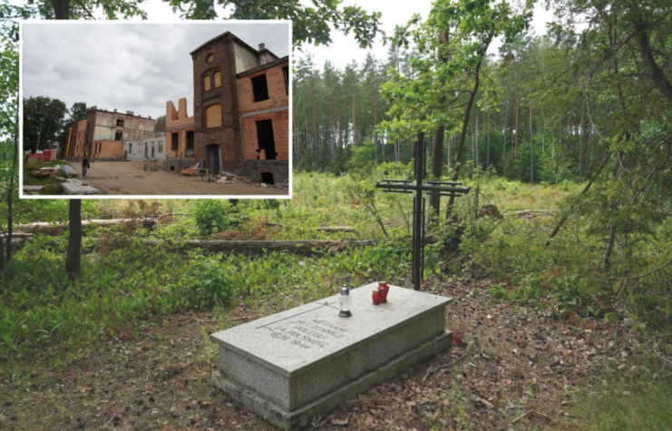 Gravestone overlooked by a wooden cross in the middle of Białuty Forest + Remains of Soldau concentration camp