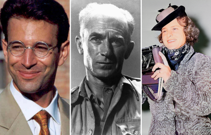 Close-up of Daniel Pearl smiling + Portrait of Ernie Pyle + Margaret Bourke-White holding a camera