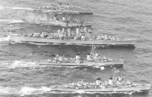 Aerial view of four Brazilian Navy ships at sea