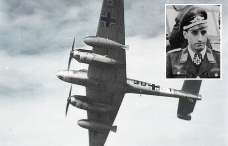 Underside of a Messerschmitt Bf 110 in flight + Heinz-Wolfgang Schnaufer in uniform