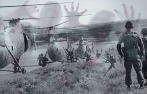 US soldiers watching South Vietnamese run toward grounded helicopters