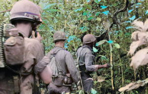 American soldiers walking through the Vietnam jungle