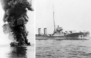 Smoke emanating from a ship hit by a torpedo + The USS Jacob Jones (DD-61) at sea