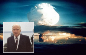 Mushroom cloud rising into the sky + Portrait of John Wheeler