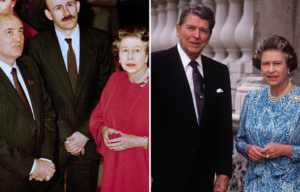 Mikhail Gorbachev standing with Queen Elizabeth II + Ronald Reagan standing with Queen Elizabeth II