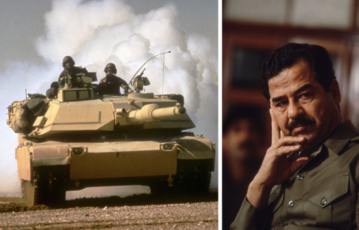 Side by side photos of a M1 Abrams tank and Saddam Hussein