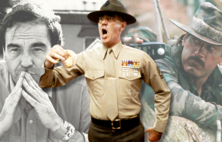 Behind the scenes photo of Oliver Stone on the set of 'Natural Born Killers' + Behind the scenes photo of Jesse Ventura on the set of 'Predator' + R. Lee Ermey as Gunnery Sgt. Hartman in 'Full Metal Jacket'