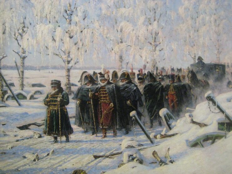 Painting of the French Army walking through the snow