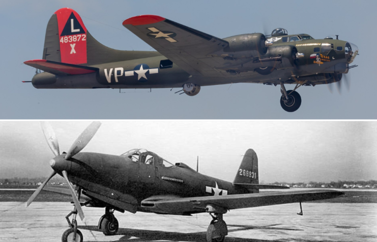 Douglas B-17G Flying Fortress in flight + Bell P-63 Kingcobra parked on the runway