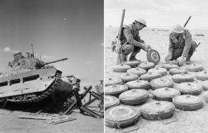 Tank driving over Czech hedgehogs + Two soldiers squatting near Teller mines