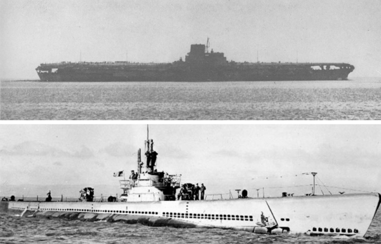 IJN Shinano at sea + USS Archerfish (SS-311) at sea