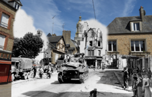 M4 Sherman driving along a street in Avranches