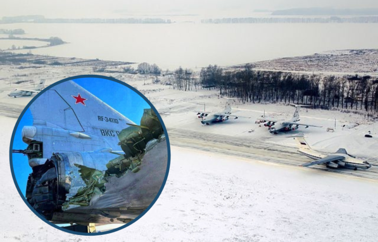 Aerial view of aircraft parked at Dyagilevo air base during the wintertime + Damaged tail section of a Tupolev Tu-22M3