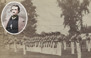 US Military Academy West Point cadets standing together in uniform + Portrait of Edgar Allan Poe