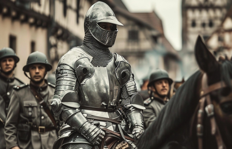 AI rendering of soldiers standing around a knight on horseback